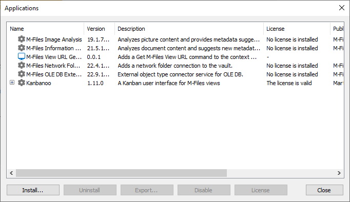 Applications window of M-Files Admin