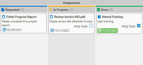 Kanban board with columns Requested, In Progress and Done