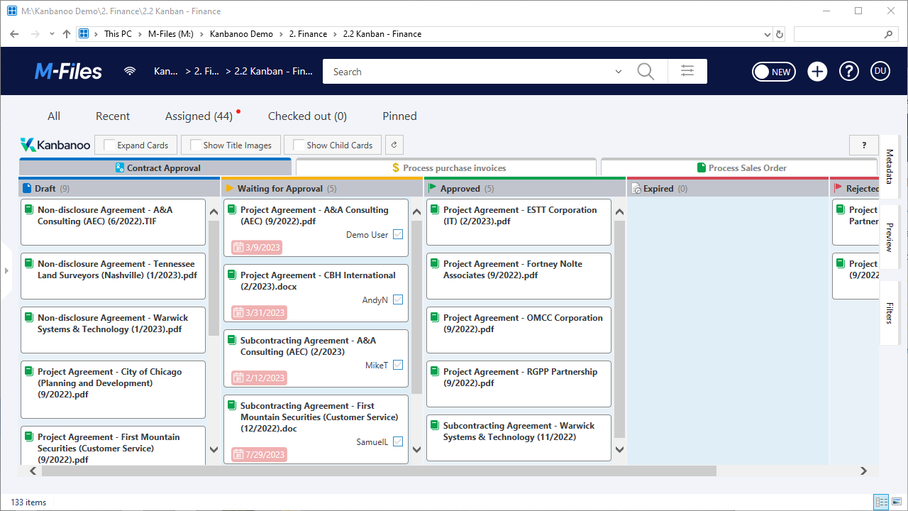 M-Files screenshot with three Kanbanoo boards