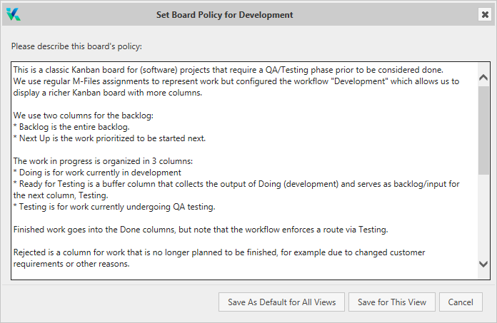 Kanbanoo board policy dialog
